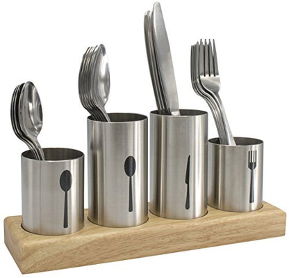  Silverware Holder With Caddy For Spoons, Knives Forks, Etc — Ideal For Kitchen, Dining, Entertaining, Buffet, Picnic, And More — Stainless Steel With Bamboo Wood Base