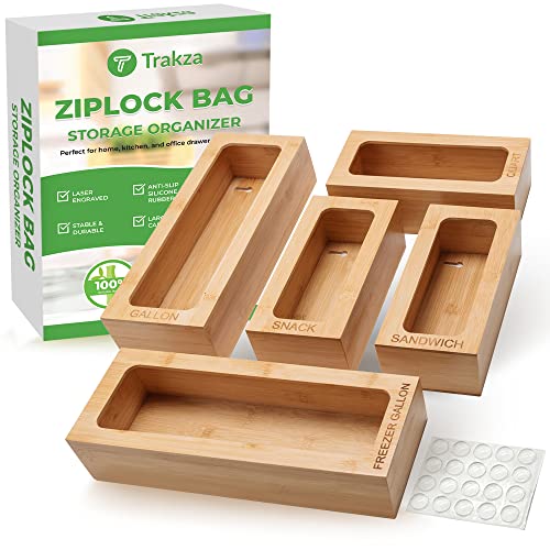  Bamboo Ziplock Bag Organizer For Drawer, Kitchen Storage Bag Organizer, 5 Separate Baggie Organizer For Drawer With Non-Slip Feet And Hanging Holes, Kitchen Organization And Storage