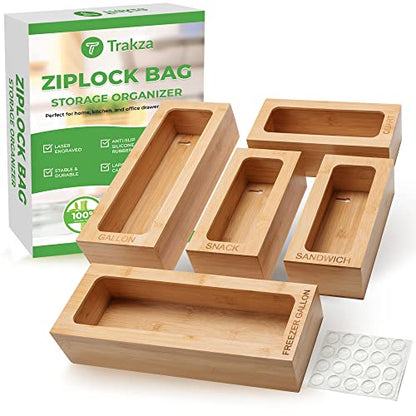  Bamboo Ziplock Bag Organizer For Drawer, Kitchen Storage Bag Organizer, 5 Separate Baggie Organizer For Drawer With Non-Slip Feet And Hanging Holes, Kitchen Organization And Storage