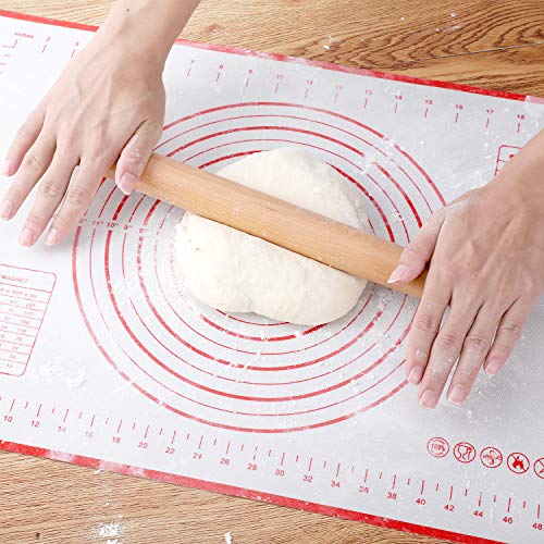  Wood French Rolling Pin For Baking, QUELLANCE Wooden Dough Roller With Silicone Baking Mat, Beech Wood Rolling Pins For Baking Dough, Pizza, Pie, Pastries, Pasta And Cookies,Red Pastry Mat