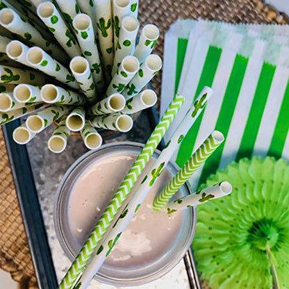  Cactus Themed Paper Straws - Green White Succulents - 100 Pack