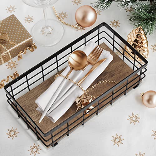  Small Metal Wire Basket, Decorative Wood Base Organizer For Bathroom, Kitchen, Basket For Toilet Paper Storage, Sugar Packet, Coffee Syrup, Guest Towel, Napkin