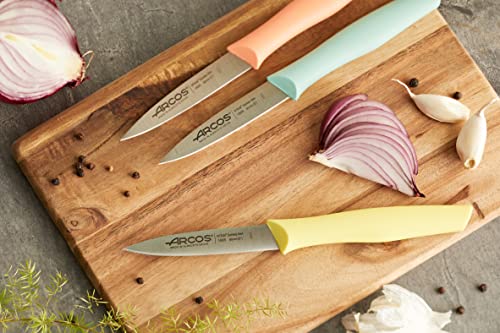  Paring Knife Set Of 3 Pieces 4 Inch Stainless Steel. Colorful Kitchen Knives For Peeling Fruits And Vegetables. Ergonomic Polypropylene Handle. Series Nova. Color Orange, Yellow And Blue.