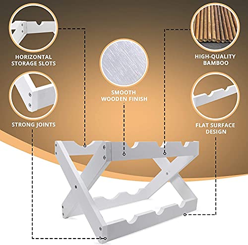  Foldable Bamboo Wine Rack ~ 6 Bottle Wine Holder Stand ~ Countertop Wine Holder For Kitchen, Bar, Cabinets ~ Holds 6 Bottles (White, 1)