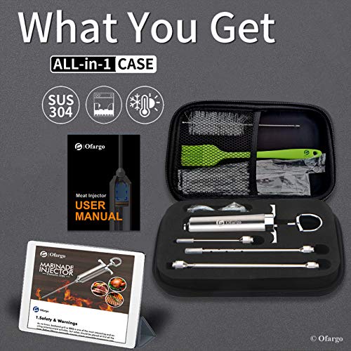  Ofargo 304-Stainless Steel Meat Injector Syringe With 4 Marinade Needles And Travel Case For BBQ Grill Smoker, 2-oz Large Capacity, Both Paper User Manual And E-Book Recipe