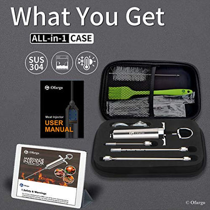  Ofargo 304-Stainless Steel Meat Injector Syringe With 4 Marinade Needles And Travel Case For BBQ Grill Smoker, 2-oz Large Capacity, Both Paper User Manual And E-Book Recipe