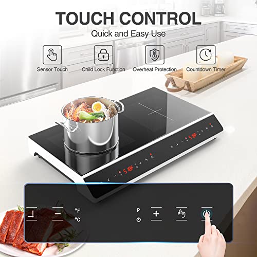  Double Induction Cooktop X 2, Portable Induction Cooker With 2 Burner Independent Control, Ultrathin Body, 9 Temperature, 2300W-Multiple Power Levels, 2 Hour Timer, Safety Lock