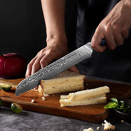  8” Bread Knife Serrated Blade- Damascus Steel & Resin Handle - Xuan Series(Sapphire Blue)