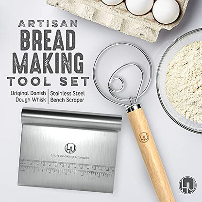  Bread Making Tools And Supplies - Set Of 2 - Danish Dough Whisk And Bench Scraper - Dough Hook With Bread Scraper - Easy To Clean - Great For Baking Homemade Sourdough, Pizza, Pastry, Cookies By LHU