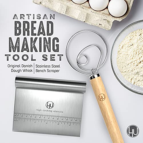  Bread Making Tools And Supplies - Set Of 2 - Danish Dough Whisk And Bench Scraper - Dough Hook With Bread Scraper - Easy To Clean - Great For Baking Homemade Sourdough, Pizza, Pastry, Cookies By LHU