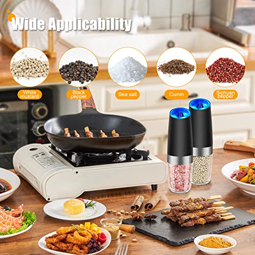  Electric Salt And Pepper Grinder Set, Automatic Gravity Salt And Pepper Mill With Adjustable Coarseness, Salt And Pepper Shakers Battery Powered With LED Light, One Hand Operation