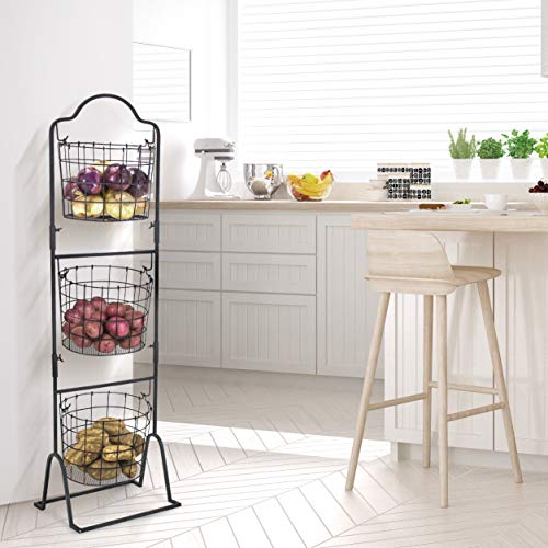  Sorbus 3-Tier Wire Market Basket Stand For Fruit, Vegetables, Toiletries, Household Items, And More, Stylish Tiered Serving Stand Baskets For Kitchen, Bathroom Storage Organization (Black)