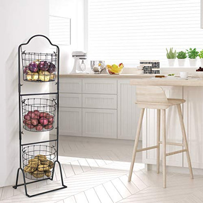  Sorbus 3-Tier Wire Market Basket Stand For Fruit, Vegetables, Toiletries, Household Items, And More, Stylish Tiered Serving Stand Baskets For Kitchen, Bathroom Storage Organization (Black)