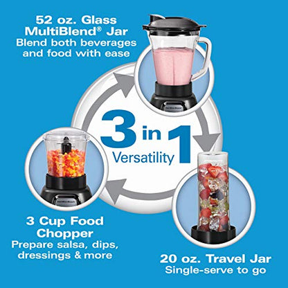 Hamilton Beach Der And Food Processor Combo With Auto Programs For Smoothie And Ice Crush, Blend-In Portable Travel Cup, 52oz Glass Jar & 3 Cup Food Chopper, 950 Watts, Black (58242)