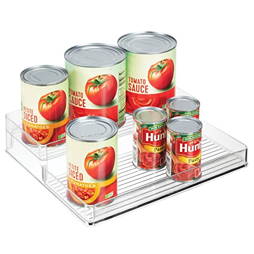  Plastic Kitchen Food Storage Organizer Shelves, Spice Rack Holder For Cabinet, Cupboard, Countertop, Pantry - Holds Jars, Baking Supplies, Canned Food - 2 Levels - 4 Pack - Clear