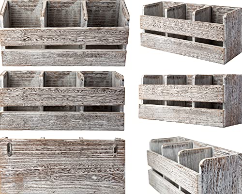  Farmhouse Utensil Organizer For Kitchen Countertop - Wooden Utensil Crock With 3 Large Storage Compartments & Hanging Option - Rustic Spatula Holder Caddy In Distressed White - Size