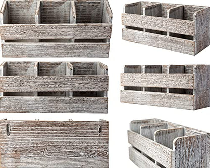  Farmhouse Utensil Organizer For Kitchen Countertop - Wooden Utensil Crock With 3 Large Storage Compartments & Hanging Option - Rustic Spatula Holder Caddy In Distressed White - Size
