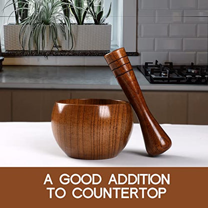  Wood Mortar And Pestle Set, Wood Grinder Bowl For Guacamole, Salsa, Herb Crusher And Pill