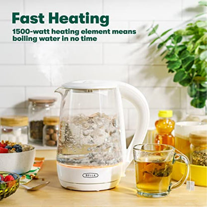 Bella 1.7 Liter Glass Electric Kettle, Quickly Boil 7 Cups Of Water In 6-7 Minutes, Soft Orange LED Lights Illuminate While Boiling, Cordless Portable Water Heater, Carefree Auto Shut-Off, White