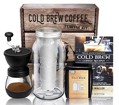  Ld Brew Coffee Maker Starter Kit - Half Gal Mason Jar | Stainless Filter Basket | Ceramic Burr Grinder | Half Pound Certified Organic Whole Bean Cold Brew Blend | Recipe & Instruction Book