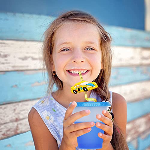  24 Race Car Party Favors Reusable Drinking Straws For Kids Boys Racecar Wheels Birthday Decorations Two Fast Party Supplies With 2 PCS Cleaning Brushes