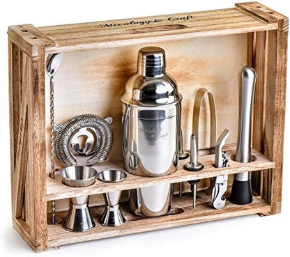  Bartender Kit: 11-Piece Bar Tool Set With Rustic Wood Stand | Perfect Home Bartending Kit And Cocktail Shaker Set For A True Drink Mixing Experience | Fun Housewarming Gift Idea (Gun-Metal)