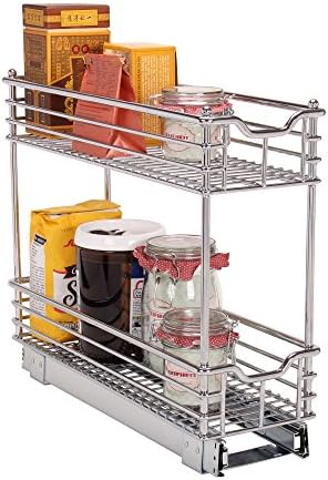  Narrow Sliding Cabinet Organizer, Two Tier Chrome Organizer, Chrome, Great For Slim Cabinets In Kitchen, Bathroom And More