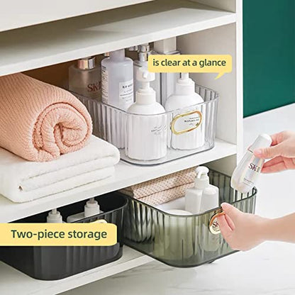  2 Pack Open Compartment Clear Plastic Organizer, Rectangular Makeup And Vanity Storage Bin And Pantry Caddy With Pass-Through Handles For Bathroom Kitchen Refrigerator Organizers And Storage