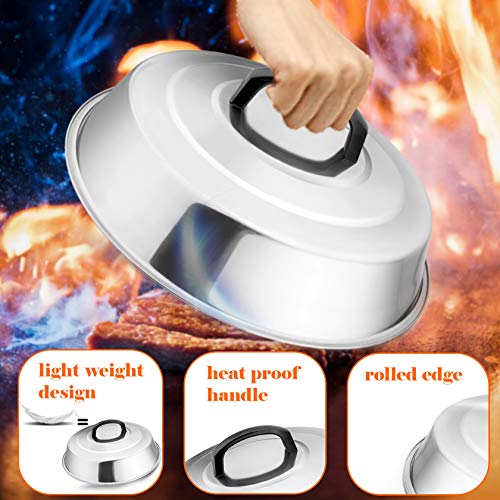  Cheese Melting Dome Set Of 2, Leonyo 12" Metal Steam Basting Cover For Griddle Grill, Stainless Steel Griddle Accessories For BBQ Flat Top Kitchen Cooking Hamburger, Dishwasher Safe, Heat Proof Handle