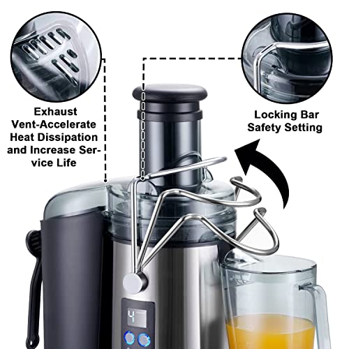  Kognita Centrifugal Juicer Machines，Juicer Machine For Vegetable And Fruit, 1100W Juice Extractor With 3’’ Feed Chute, Pulp Collector, 4-Speed Setting And LCD Monitor - Stainless-Steel, Brush Included