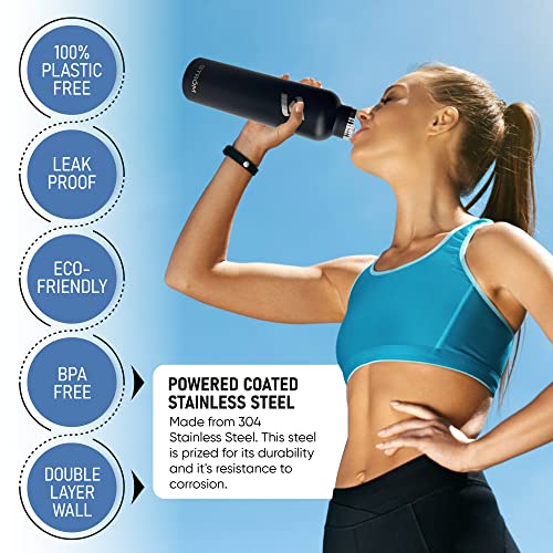  Trom 32oz Black Stainless Steel Water Bottle, Free Cleaning Brush, Plastic Free, BPA Free, Vacuum Insulated, 32 Ounce Healthy, Double Walled, Thermos, All Metal