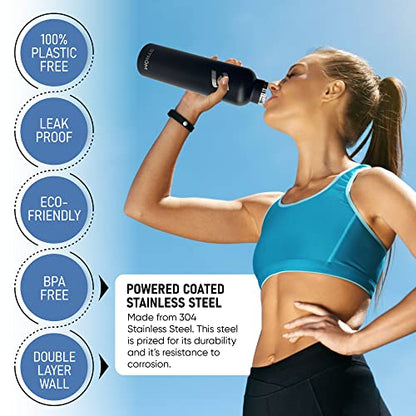  Trom 32oz Black Stainless Steel Water Bottle, Free Cleaning Brush, Plastic Free, BPA Free, Vacuum Insulated, 32 Ounce Healthy, Double Walled, Thermos, All Metal