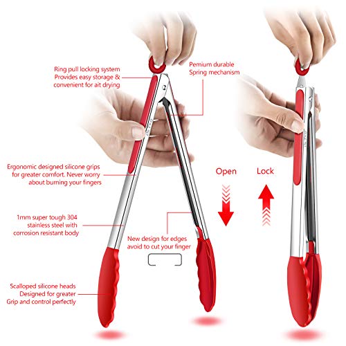  Kitchen Tongs With Silicone Tip, 12-inch ，9-inch And 7-inch Stainless-Stee Multi-functional Gripper For Cooking, Barbecue, Salad, Grilling, Frying, Set Of 3 (Red) (Red)