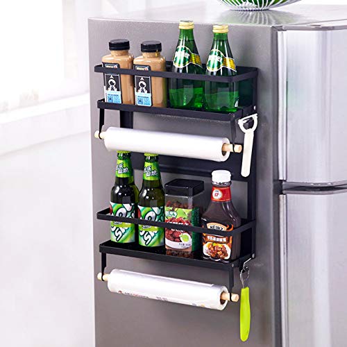 Jolitac Magnetic Fridge Spice Rack- Space Saving Organizer Black Shelf On Refrigerator, Kitchen Paper Towel Holder, Foldable Design (Black-Large)