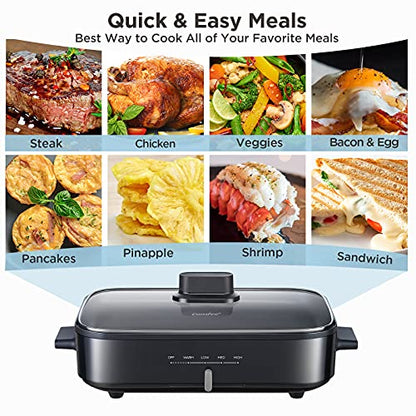  12-inch Multi-Functional Electric Skillets With Temperature Control, Rapid Heat Up, Easy To Clean, Non-stick Detachable Electric Griddle For Roast, Fry, Sauté, Steam Or Buffet, 3.5Qt