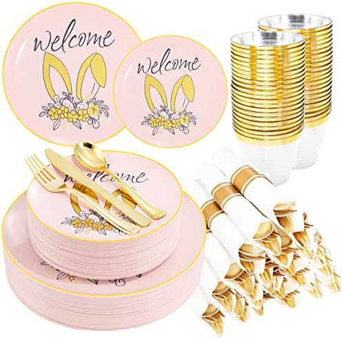  210PCS Gold Plastic Plates, Gold Disposable Dinnerware Set Includes 60 Gold & White Plates With Floral Design,30 Gold Plastic Silverware,30 Per Rolled Napkins,30 Gold Rim Cups For Mother's Day