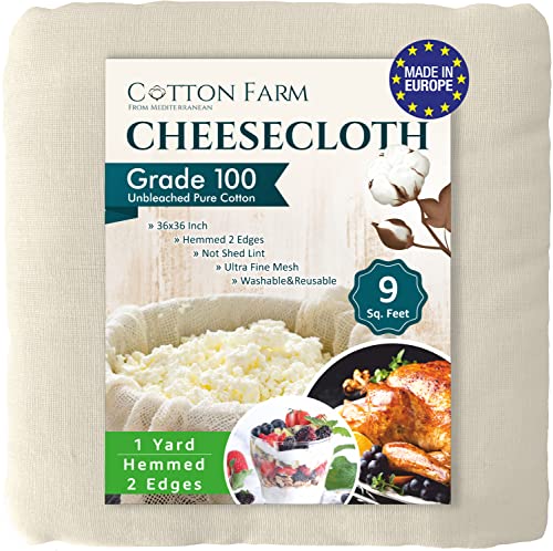  Otton Farm Cheesecloth, Grade 100 - XL; 9* - 18-45 Square Feet (36x36 Inch), 100% Natural Unbleached Cotton, Food Grade