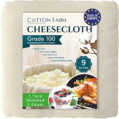  Otton Farm Cheesecloth, Grade 100 - XL; 9* - 18-45 Square Feet (36x36 Inch), 100% Natural Unbleached Cotton, Food Grade