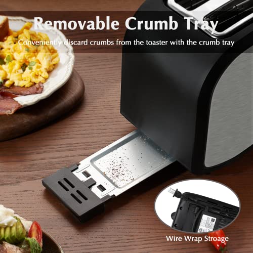 2 Slice Toaster CUSINAID Black Wide Slot Toaster 2 Slice Best Rated Prime With Pop Up Reheat Defrost Functions, 6-Shade Control, Removable Crumb Tray