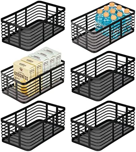  Steel Metal Wire Kitchen Food Storage Organizer Bin Basket For Pantry Organization - Wired Farmhouse Basket With Handle For Shelves - Carson Collection - 6 Pack, Matte Black