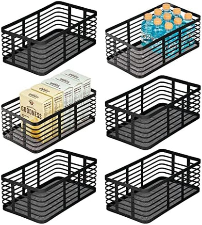  Steel Metal Wire Kitchen Food Storage Organizer Bin Basket For Pantry Organization - Wired Farmhouse Basket With Handle For Shelves - Carson Collection - 6 Pack, Matte Black
