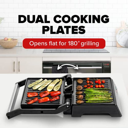  Vente Electric Panini Press Grill And Sandwich Maker With Nonstick Coated Plates, Opens 180 Degrees For Any Food, 1000W Thermostat Control Removable Drip Tray And Easy To Clean Grids, Silver GP0540BR