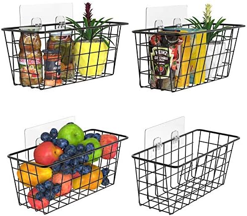 Hanging Kitchen Baskets Wire Storage Basket Adhesive Basket Over The Cabinet Door Organizer No Drilling, For Cabinet Pantry Organization And Kitchen, Bathroom, Storage, 2 Pack, Black