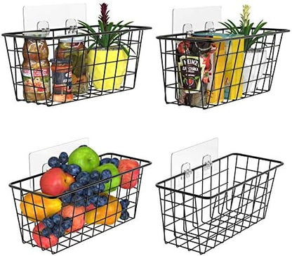 Hanging Kitchen Baskets Wire Storage Basket Adhesive Basket Over The Cabinet Door Organizer No Drilling, For Cabinet Pantry Organization And Kitchen, Bathroom, Storage, 2 Pack, Black