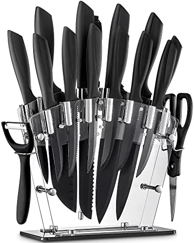  16 PCS High Carbon Stainless Steel Kitchen Knife Set, BO Oxidation, No Rust, Sharp Cutlery Black Knife Set With Acrylic Stand And Serrated Steak Knives,AB112