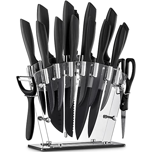  16 PCS High Carbon Stainless Steel Kitchen Knife Set, BO Oxidation, No Rust, Sharp Cutlery Black Knife Set With Acrylic Stand And Serrated Steak Knives,AB112