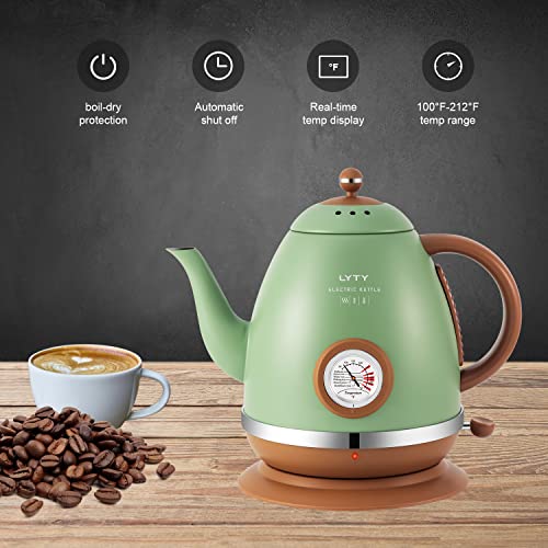  Electric Kettle With Thermometer Stainless Steel 1.5L 1000W Gooseneck Pour Over Coffee Tea Kettle, Hot Water Boiler Heater With Water Temperature Display Quick Heating Boiling Water 110V US Plug Green