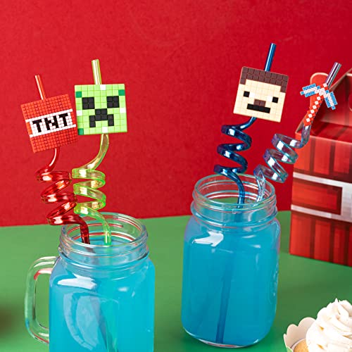  24Pcs Miner Craft Birthday Party Supplies Reusable Drinking Straws,8 Designs Pixel Themed Party Favors With 2 Cleaning Brush MWXG