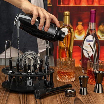  Bartender Kit: 19-Piece Black Cocktail Shaker Set With Rotating Stand,Stainless Steel Bar Tools Set For A Fantastic Mixing Experience, Ideal As Gift Or For Home