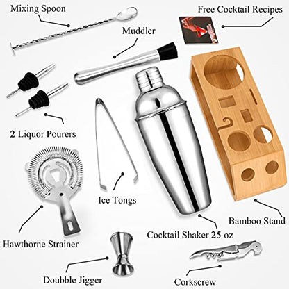  Cocktail Shaker Set Bartender Kit: 10-Piece Premium Stainless Steel Martini Shaker Set With Bamboo Stand Includes A 25 Oz Shaker To Make Mixing Wonderful